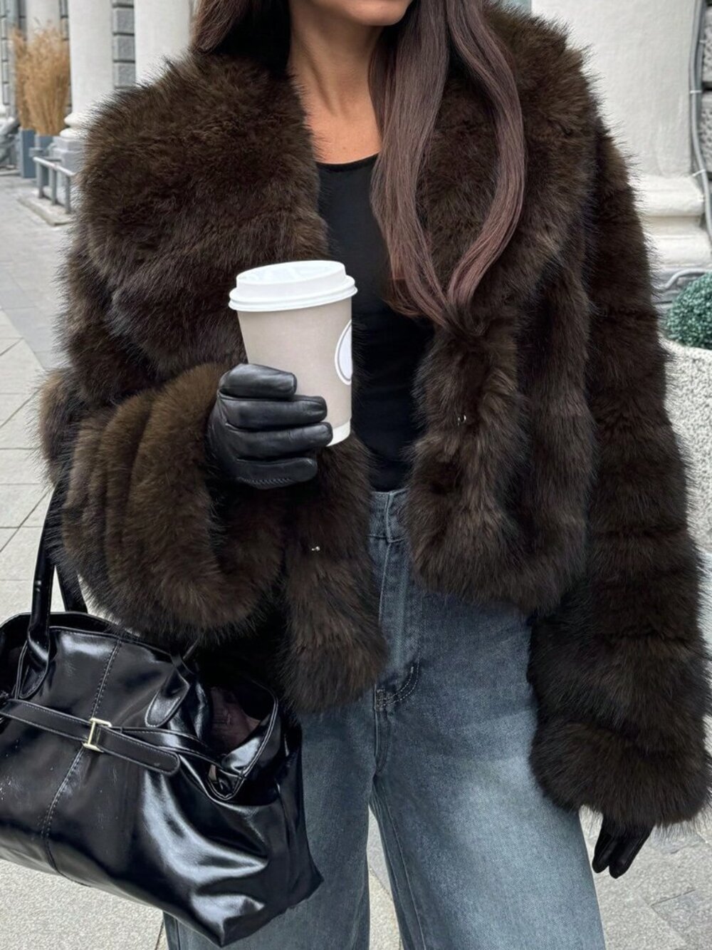 Mocha Brown Casual Women's Faux Fox Fur Coat - Picture 8 of 8